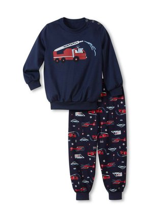 Marineblauw katoenen pyjama set met een longsleeve-shirt met een afbeelding van een rode brandweerwagen en een patroon broek met verschillende voertuigillustraties.