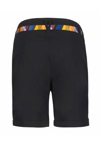 Svarta shorts med en vikbar kant och ett flerfärgat geometriskt mönstrat midjeband. Lätt material med en slät textur.