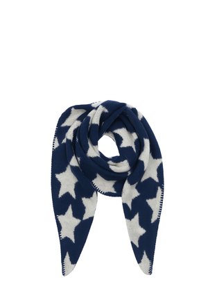 Navy blue knitted scarf with large white star patterns, folded in a loop, displayed on a white background.