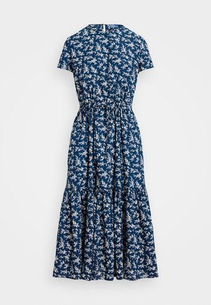 Granatowa sukienka midi z krótkimi rękawami, białym kwiatowym wzorem, marszczoną talią i warstwową spódnicą.