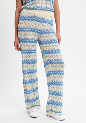 Knit wide-leg pants featuring a chevron pattern in blue and cream. Soft texture with a fitted waistband and ribbed detailing at the hem.