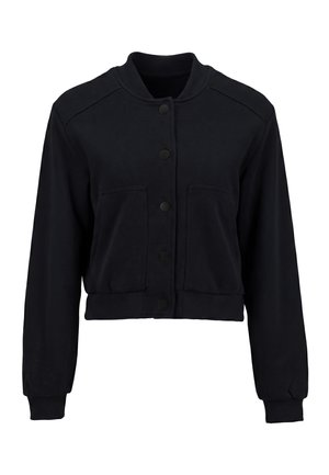 Black button-up bomber jacket with ribbed collar, cuffs, hem, and two front patch pockets.