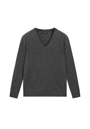 Grau V-Ausschnitt Pullover aus weichem Material; verfügt über lange Ärmel, gerippten Saum und detaillierte Bündchen, mit einer durchgehend glatten Textur.