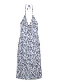 Abito floreale con scollatura a halter, profondo scollo a V e dettagli con nastri. Realizzato in tessuto leggero con fiori blu su sfondo crema.