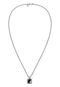 Silver chain necklace with a square black pendant, featuring a textured edge and a lobster clasp closure.