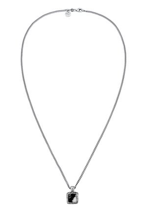 Silver chain necklace with a square black pendant, featuring a textured edge and a lobster clasp closure.