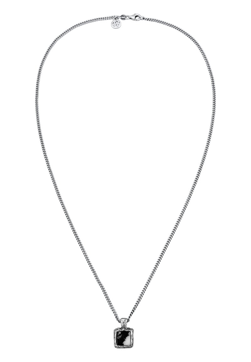Silver chain necklace with a square black pendant, featuring a textured edge and a lobster clasp closure.