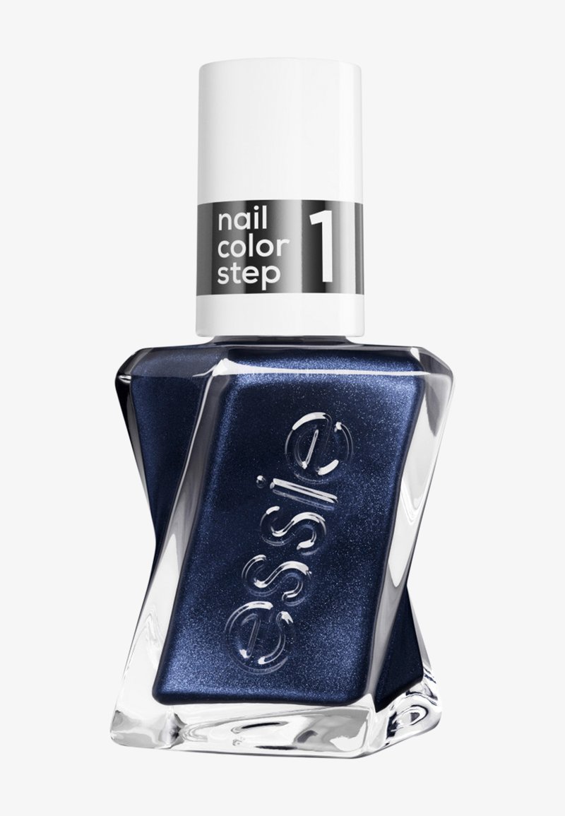 Flacon de vernis à ongles Essie bleu foncé avec un bouchon blanc étiqueté "nail color step 1" et un design en verre torsadé facetté.