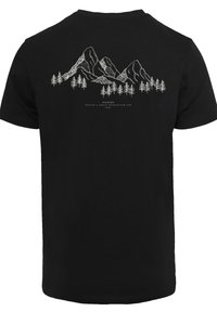 Black cotton t-shirt featuring a white graphic of mountains and trees on the back, with text reading "Passion Having a Great Enthusiasm for."