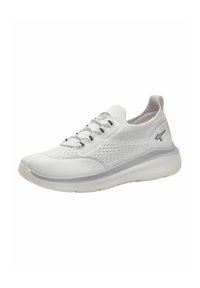 Chaussure de sport blanche avec une tige en tricot texturé, un bout arrondi et des lacets élastiques. Dispose d'une semelle rembourrée avec des accents gris.