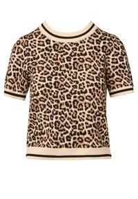 Korte mouwen luipaardprint trui met een textuurstof, beige enbruine kleuren, en contrasterende gestreepte afwerking bij de halslijn en mouwen.