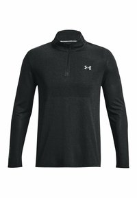 Sort langærmet atletisk pullover med en kvart lynlås. Fremstillet i et struktureret stof med en glat overdel og broderet logo.