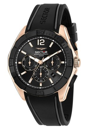 Orologio cronografo nero con cassa in oro rosa, quadrante rotondo, dotato di un cinturino texturizzato nero, indicatori delle ore bianchi e sotto-quadranti.