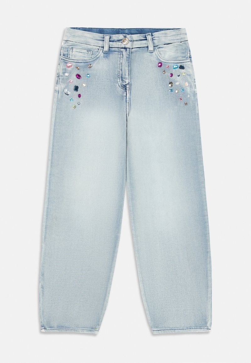Helle blaue Jeans im entspannten Schnitt, mit dekorativen, mehrfarbigen Edelsteinen auf der Vorderseite. Klassisches Fünf-Taschen-Design mit Knopfverschluss.
