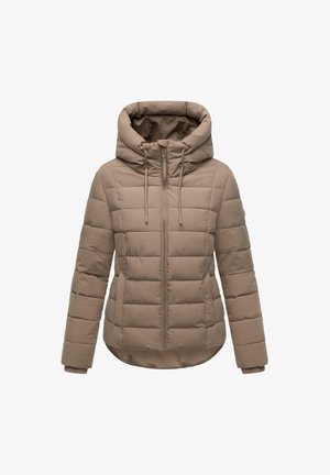 Geacă de iarnă bej, cu umplutură tip puf, cu fermoar în față, glugă ajustabilă și manșete ribbate. Textură netedă, cu un spate ușor alungit.