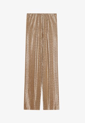 Lichtbruin geplooide broeken van glanzende stof, met een gestructureerd zigzagpatroon en een elastische tailleband voor comfort.