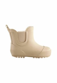 Beige vandtætte støvler med gummiydre, stofdetalje, tekstureret sål, rund tå og bageste hæft til nem påklædning.