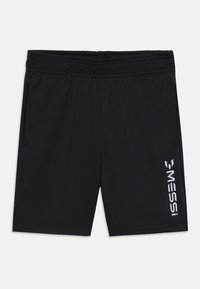 Shorts de sport noirs en tissu léger avec une taille élastique, arborant un logo blanc "MESSI" sur le côté gauche.