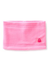 Różowa opaska na głowę z polaru o miękkiej fakturze, z małym gumowym logo na przezroczystej naszywce oraz subtelnymi detalami szwów.