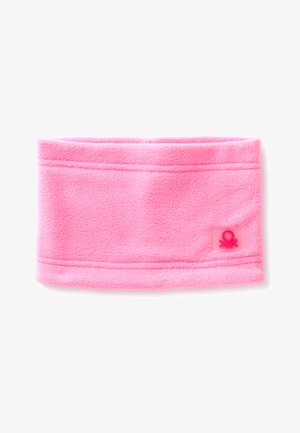 Różowa opaska na głowę z polaru o miękkiej fakturze, z małym gumowym logo na przezroczystej naszywce oraz subtelnymi detalami szwów.