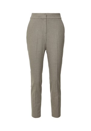 Maßgeschneiderte graue Hosen mit glatter Textur, Slim-Fit und zwei vorderseitigen Falten; der Bund sitzt flach ohne sichtbare Metallverzierungen.