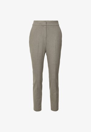 Tailored grey trousers with a smooth texture, slim fit, and two front pleats; waistband sits flat with no visible hardware details.