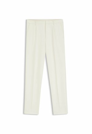 Witte op maat gemaakte broek met een gladde textuur, voorzien van voorplooien, twee zijzakken en een recht pijpontwerp.