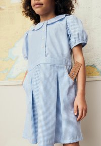 Sininen ja valkoinen ruudullinen mekko, jossa on lyhyet puffhiat, napit edessä, kaulus ja sivutaskut. Sisältää merkkilapun taskussa.