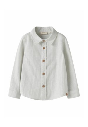 Lastehele helehall pika varrukaga särk, millel on krae ja viis pruuni nööpi esiosas, valmistatud tekstuurse kangaga.