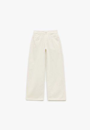 Hellegerade, elfenbeinfarbene Jeans aus Baumwolle, mit fünf Taschen, Metallknöpfen und gestickten Details entlang der Kanten.