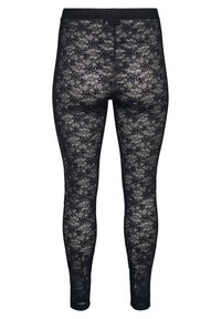 Zwarte kant leggings met een bloemenpatroon, elastische tailleband en een getailleerd ontwerp, die een doorschijnende uitstraling bieden met verfijnde details.