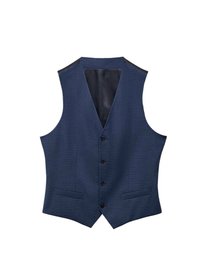 Gilet bleu marine en tissu texturé, avec six boutons sur le devant, des revers crantés et deux poches à l'avant. Intérieur doublé avec une finition lisse.