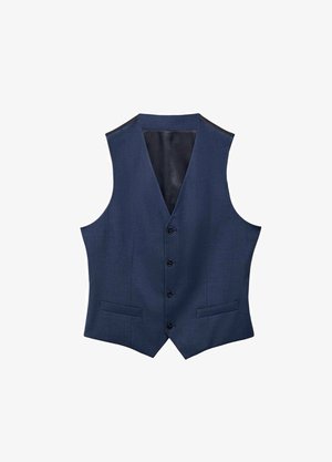 Marineblauwe vest met een gestructureerde stof, zes voorste knopen, revers, en twee voorzakken. Gevoerde binnenkant met een gladde afwerking.