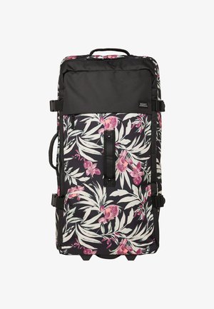 Black backpack featuring a floral pattern with pink flowers and green leaves. Includes adjustable straps, a top handle, and durable materials.