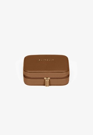 Brown leather rectangular case with a textured finish, featuring dual gold zipper pulls and embossed logo on the lid.