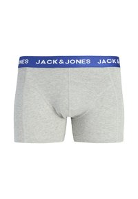 Boxers gris pour hommes avec une ceinture bleue arborant la marque blanche "JACK & JONES", présentés à plat vue de face.
