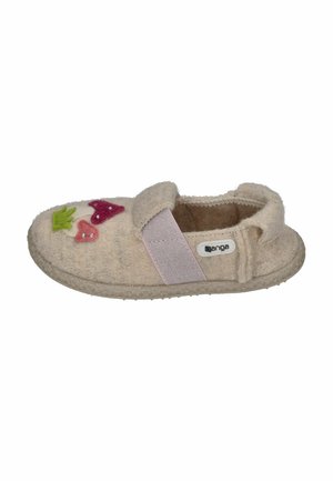 Beige children's slipper with colorful heart and leaf decorations, a pink elastic strap, and soft textured material.