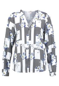 Blusa a maniche lunghe con scollo a V, caratterizzata da un motivo misto di righe nere e bianche e disegni floreali blu e gialli su uno sfondo bianco.