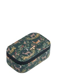 Grön zippered-fodral med blommönster, som har en guldbieaccent, rund rektangulär form och texturerat material.