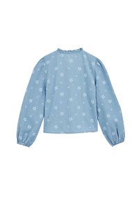 Kék farmer hosszú ujjú blúz, elasztikus mandzsettákkal, virágmintával és fodros nyakkivágással. Az anyag sima, könnyű textúrájú.