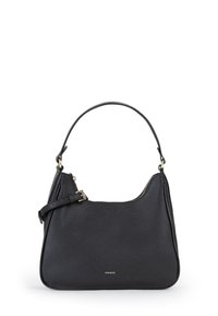 Borsa a tracolla in pelle nera con finitura testurizzata, forma semi-strutturata, manico singolo e dettaglio con zip color oro.