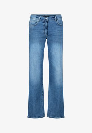 Blå denim jeans med lige ben, fadet effekt, knap og lynlåslukning foran samt standard femlomme-design.