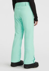 Mintgroene sneeuwbroek gemaakt van waterdicht materiaal, met een rechte pijpdesign, zijzakken en zwarte skischoenen.