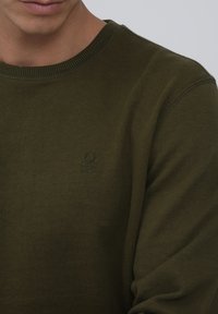 Oliven grønn strikkegenser med rund hals. Har et lite brodert logo på brystet. Myk tekstur, tettsittende passform og ribbestrikkede mansjetter.