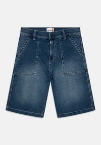 Mørkeblå denimshorts med en avslappet passform, med to frontlommer, to sidelommer med klaffer og glidelås.