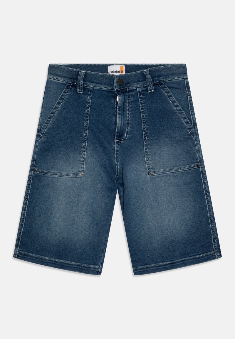 Shorts en denim bleu foncé avec une coupe décontractée, dotés de deux poches avant, de deux poches latérales avec rabats et d'une fermeture éclair.