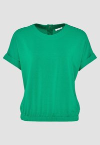 Grøn kortærmet T-shirt med rund halsudskæring, sammensnøret kant og oprullede ærmer. Har en knaplukning bagpå og en blød stofstruktur.