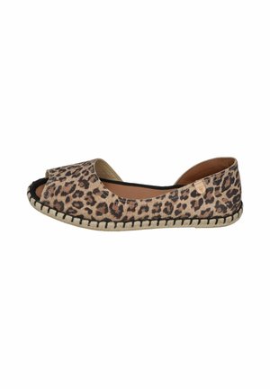 Leopardenmuster offene Espadrille mit flacher Sohle, beiger geflochtener Sohle und schwarzem Ziernähten.