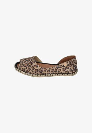Leopardenmuster offene Espadrille mit flacher Sohle, beiger geflochtener Sohle und schwarzem Ziernähten.