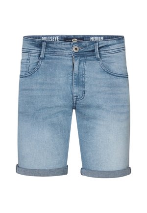 Shorts in denim blu chiaro, con orlo arrotolato, design a cinque tasche, chiusura con bottone e etichetta a vita media. Texture liscia.